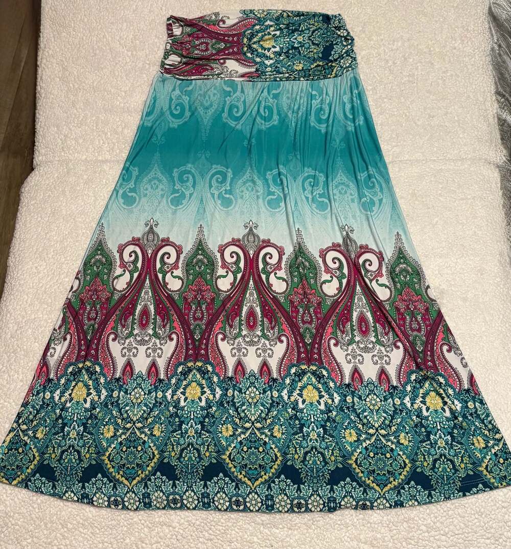 Venus Teal Multicolored Paisley Print Boho Maxi Skirt Size XL